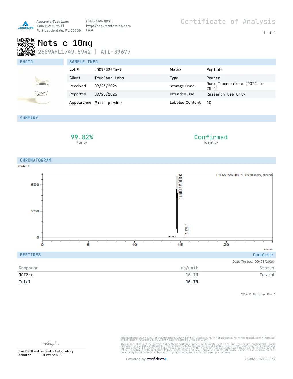Certificate of Analysis, report 2609AFL1749.5942, lot LD09032026-9