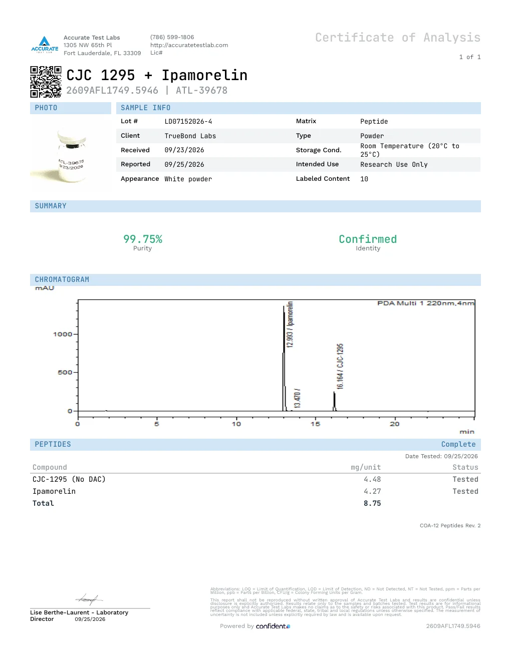 Certificate of Analysis, report 2609AFL1749.5946, lot LD07152026-4