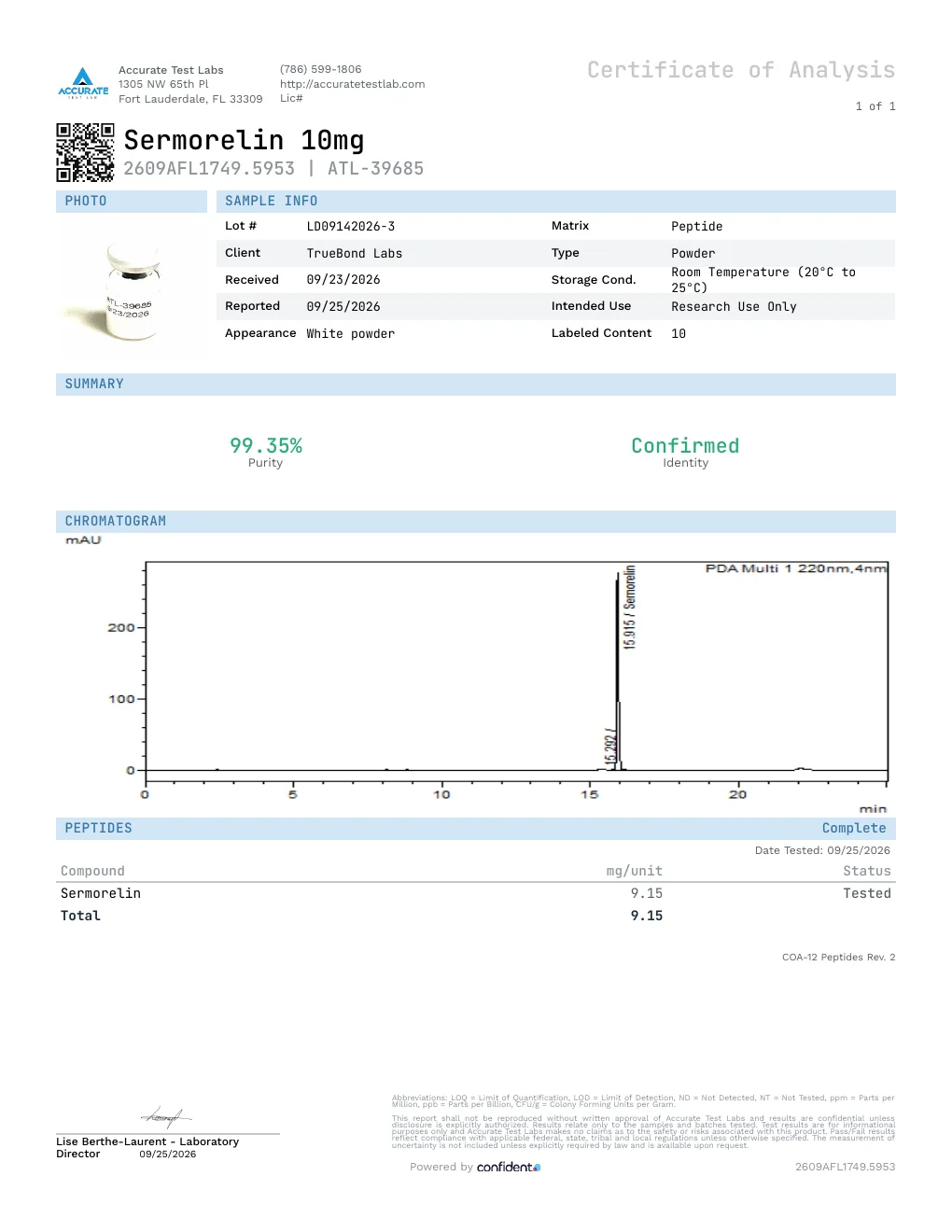 Certificate of Analysis, report 2609AFL1749.5953, lot LD09142026-3