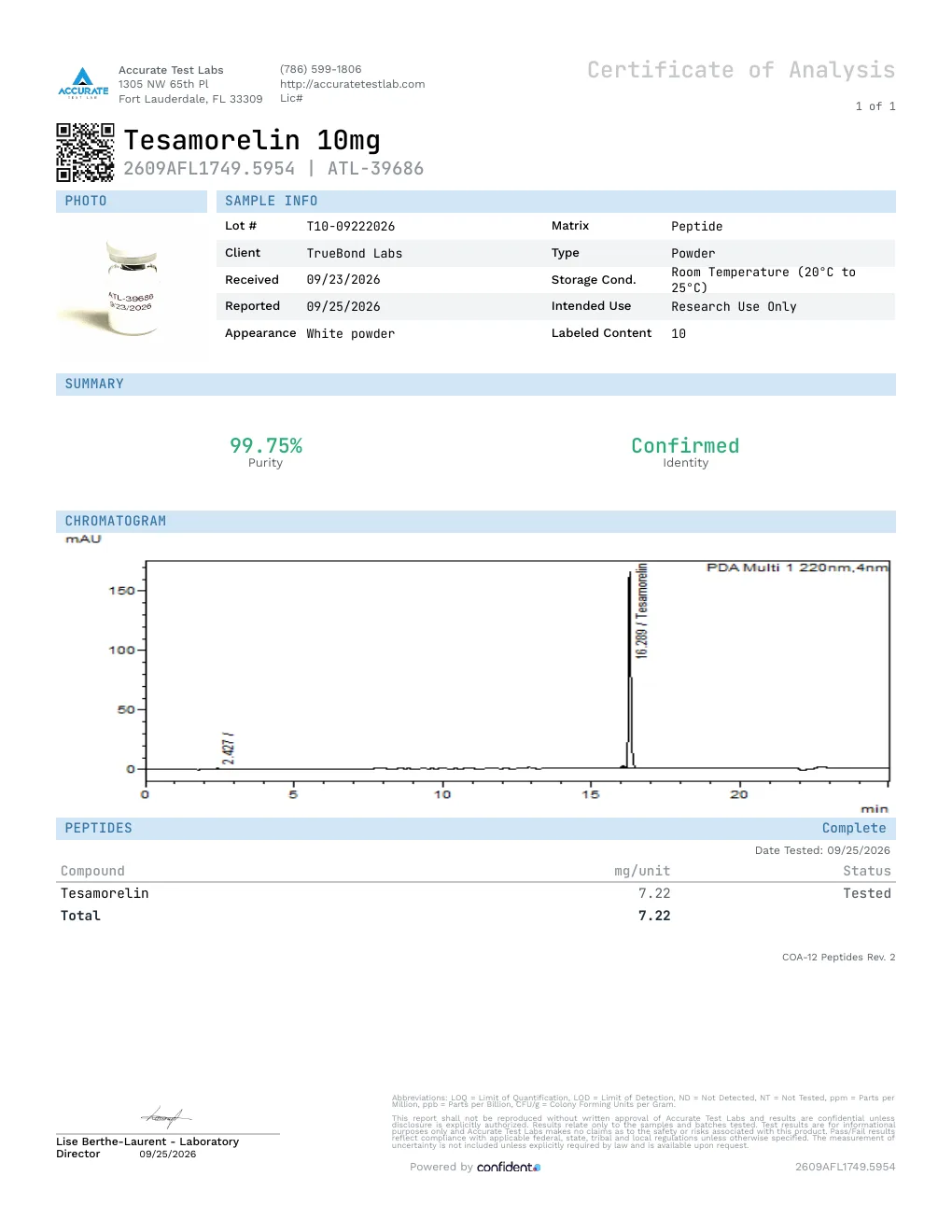 Certificate of Analysis, report 2609AFL1749.5954, lot T10-09222026