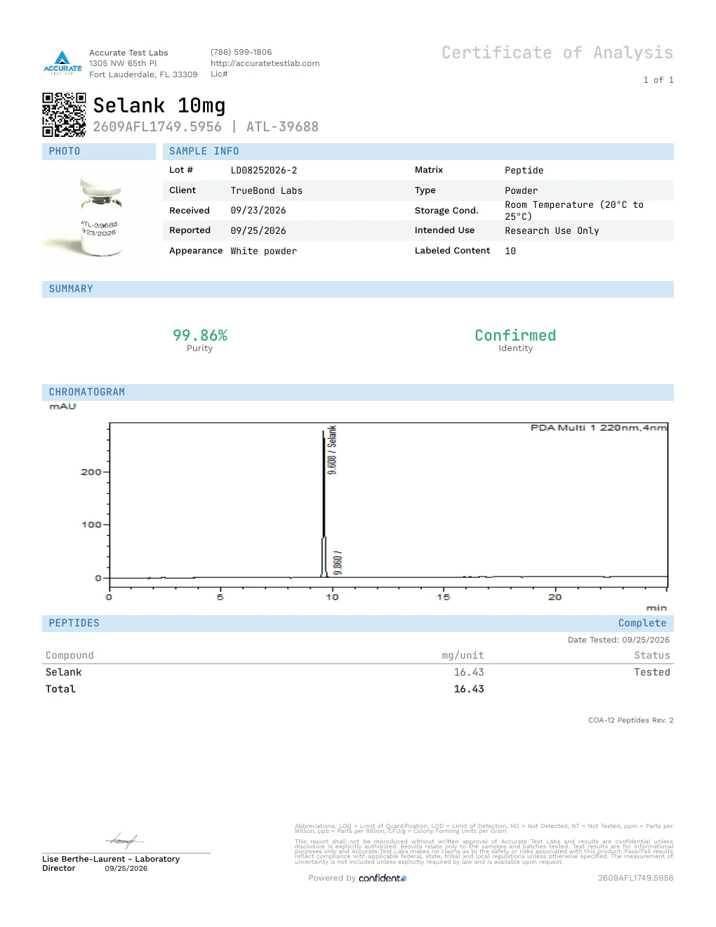Certificate of Analysis, report 2609AFL1749.5956, lot LD08252026-2