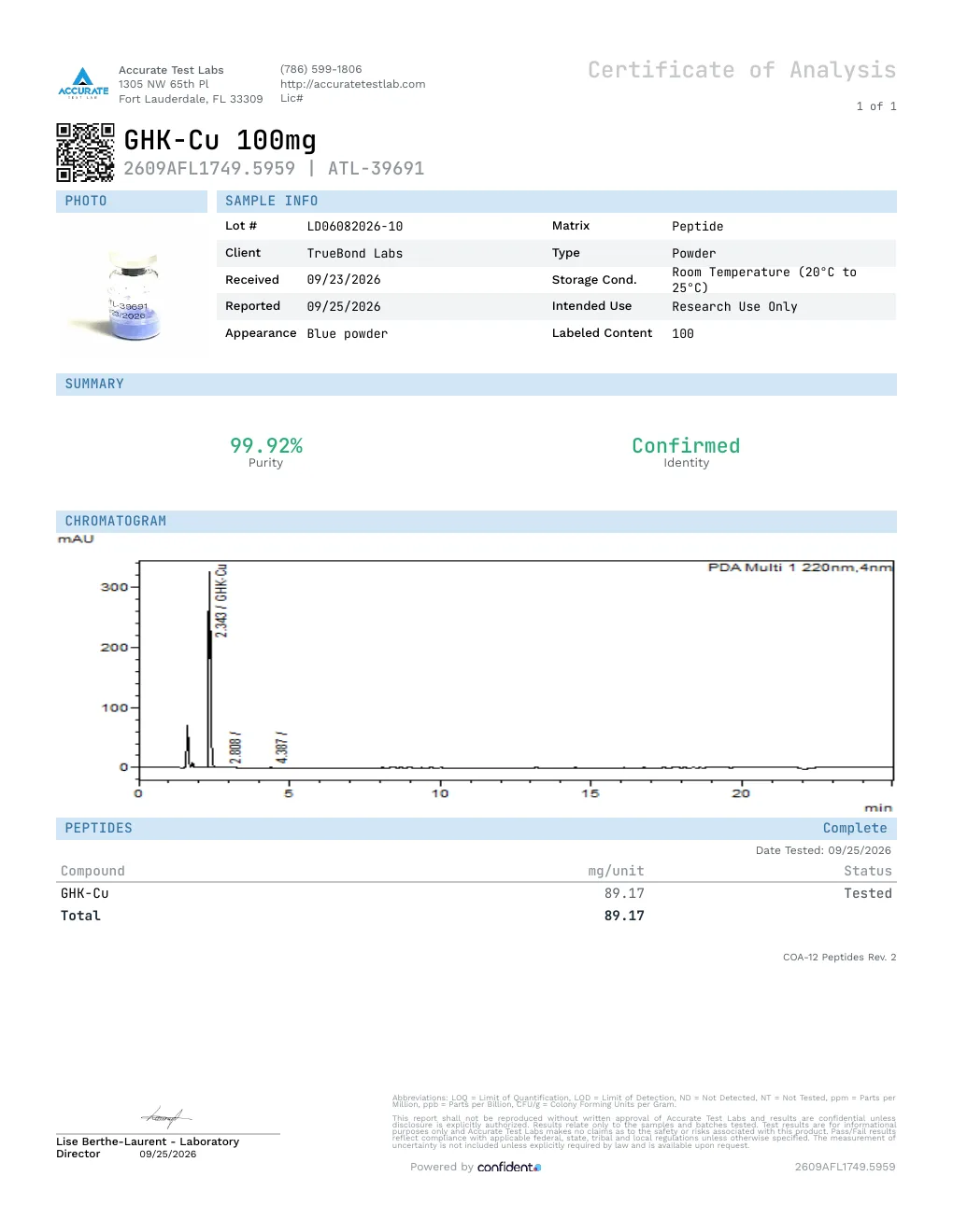 Certificate of Analysis, report 2609AFL1749.5959, lot LD06082026-10