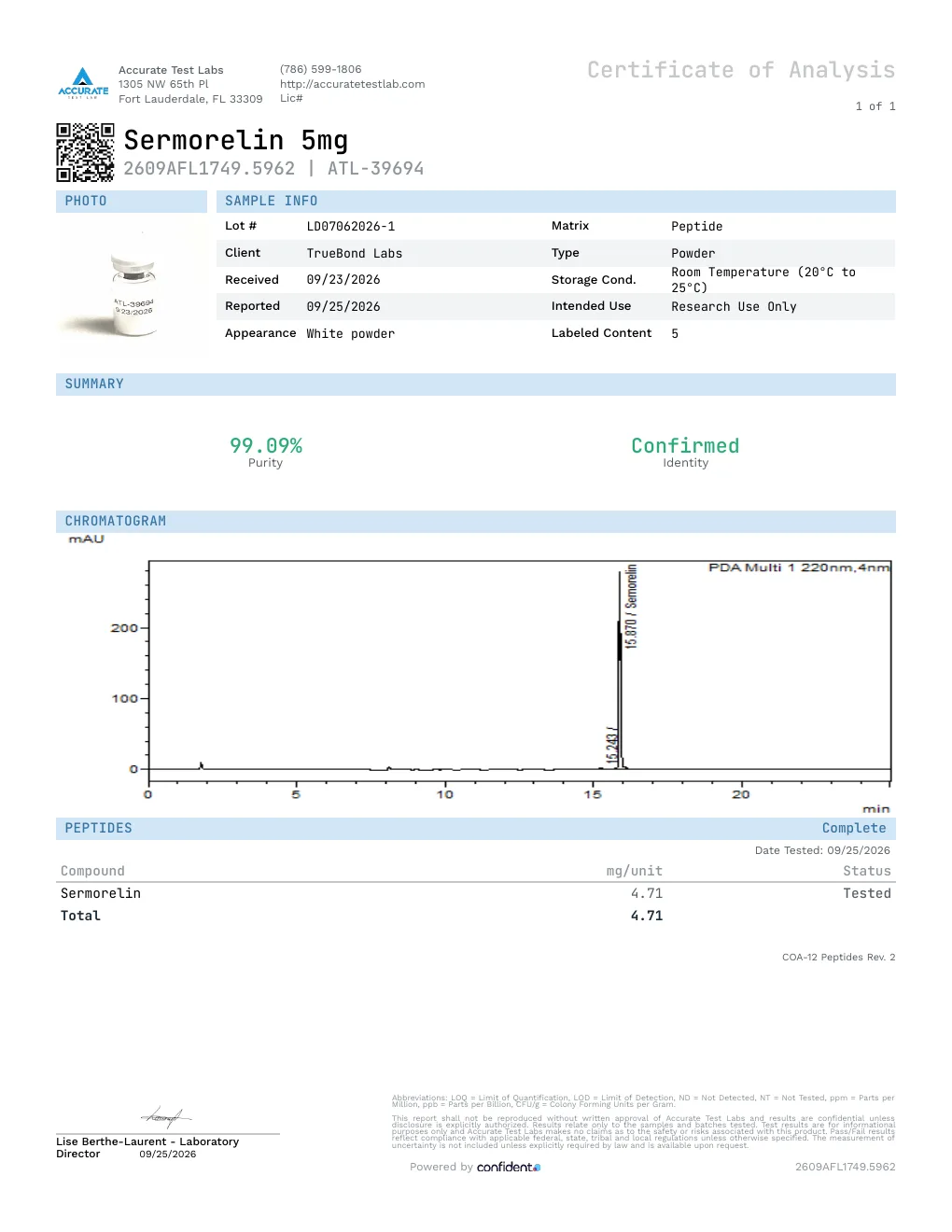 Certificate of Analysis, report 2609AFL1749.5962, lot LD07062026-1