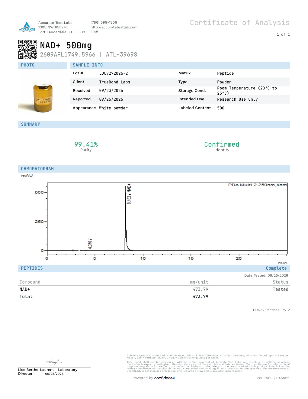 Certificate of Analysis, report 2609AFL1749.5966, lot LD07272026-2