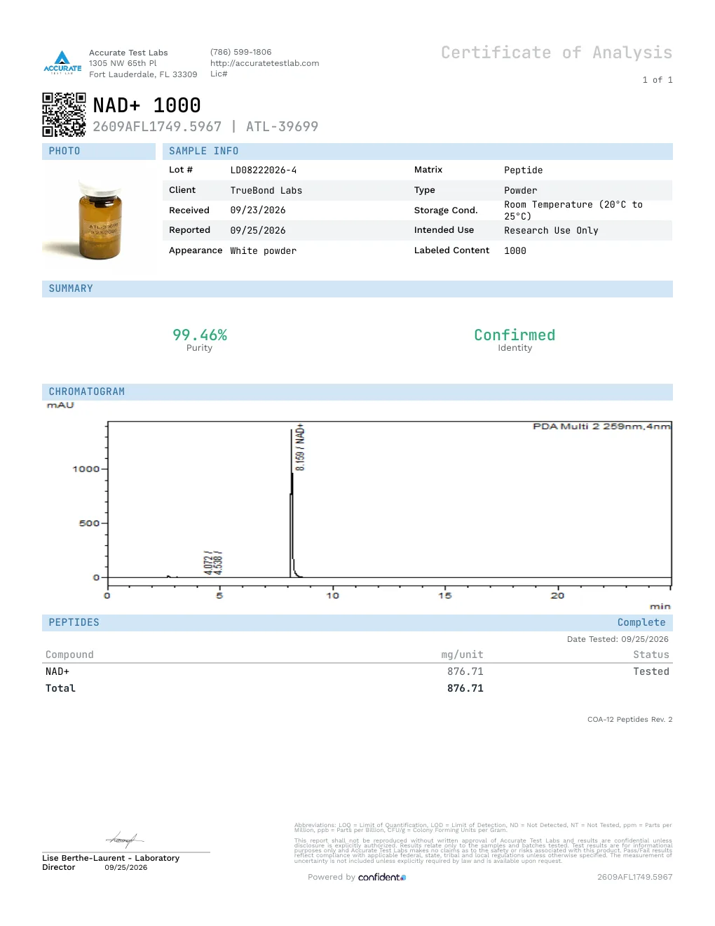 Certificate of Analysis, report 2609AFL1749.5967, lot LD08222026-4