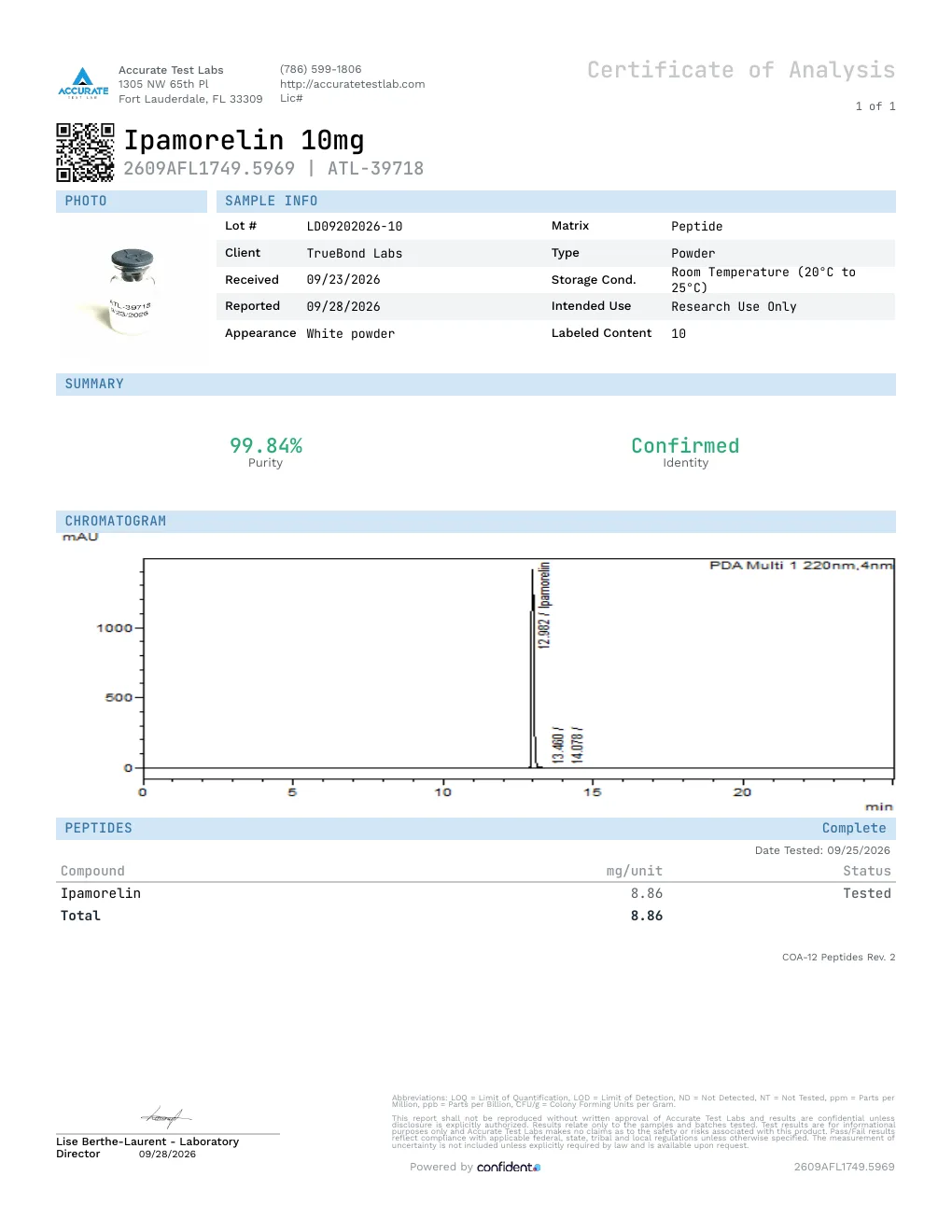 Certificate of Analysis, report 2609AFL1749.5969, lot LD09202026-10